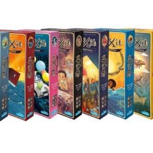 Multiple Dixit expansion boxes displayed in a row, featuring colorful surreal artwork from various Dixit sets; storytelling board game accessories popular in Estonia and Tallinn.