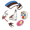 Illustrations of Baltic-themed symbols on a card from Dueto! including a basketball, swallow, bison, and Lithuanian castle.