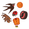 Illustrations of Baltic-themed symbols on a card from Dueto! including a basketball, swallow, bison, and Lithuanian castle.