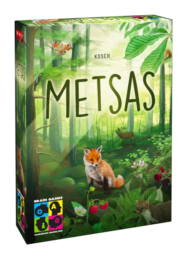 The Metsas board game box features foxes, deer and other forest creatures, making it ideal for learning about nature.