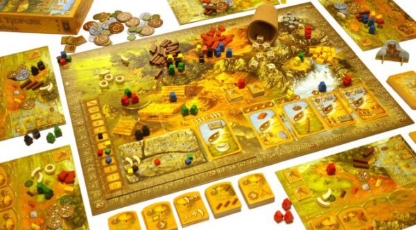 A full view of the Stone Age board game board with resource tokens, cards and dice creating an ancient world feel.
