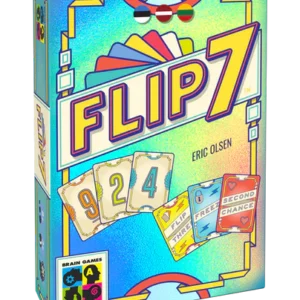 Flip 7 card game box with colorful holographic design and number cards; fast family board game popular in Estonia and Tallinn.